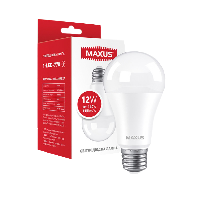 Лампа світлодіодна Maxus A60, 12Вт, E27, 4100К (1-LED-778)